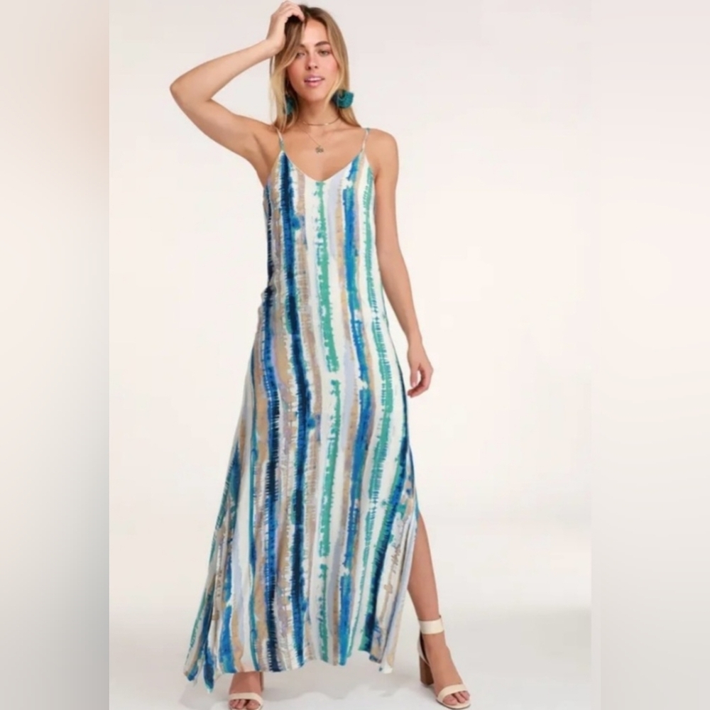 Lulus Bay Side Cream And Blue Tie-Dye Striped Maxi Dress XS
